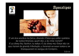 E um dos anciãos me falou, dizendo: Estes que estão vestidos
de vestes brancas, quem são, e de onde vieram?
E eu disse-lhe: Senhor, tu sabes. E ele disse-me: Estes são os
que vieram da grande tribulação, e lavaram as suas vestes e as
branquearam no sangue do Cordeiro.
7:13-14
 