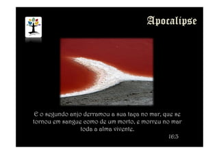 E o segundo anjo derramou a sua taça no mar, que se
tornou em sangue como de um morto, e morreu no mar
toda a alma vivente.
16:3
 