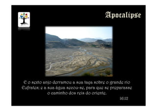 E o sexto anjo derramou a sua taça sobre o grande rio
Eufrates; e a sua água secou-se, para que se preparasse
o caminho dos reis do oriente.
16:12
 