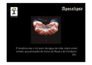 E mostrou-me o rio puro da água da vida, claro como
cristal, que procedia do trono de Deus e do Cordeiro.
22:1
 