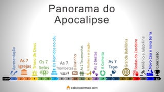 Capítulos 1 2 3 4 5 6 7 8 9 10 11 12 13 14 15 16 17 18 19 20 21 22
Apresentação
As 7
Igrejas
Trono
de
Deus
Os 7
Selos
Os
Remidos
no
céu
As 7
Trombetas
O
livrinho
As
2
Testemunhas
A
Mulher
e
o
dragão
As 7
Taças
As
2
bestas
Grande
Babilônia
Bodas
do
Cordeiro
Milênio
e
Juízo
Final
Novo
Céu
e
nova
terra
Panorama do
Apocalipse
Conclusão
A
Colheita
esbocosermao.com
 