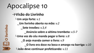 Apocalipse 10
→Visão do Livrinho
└ Um anjo forte: v.1
˾Um livrinho aberto na mão: v.2
˾Sete trovões: v.3,4
˾Anúncio sobre a sétima trombeta: v.5-7
└ Uma voz do céu manda pegar o livro: v.8
˾O anjo manda comer o livro: v.9
˾O livro era doce na boca e amargo na barriga: v.10
└ João deve continuar profetizando: v.11
10
O
livrinho
 