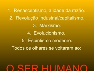 1. Renascentismo, a idade da razão.
2. Revolução Industrial/capitalismo.
3. Marxismo.
4. Evolucionismo.
5. Espiritismo moderno.
Todos os olhares se voltaram ao:
 