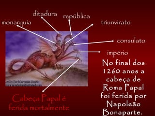 monarquia
ditadura república
triunvirato
consulato
império
Cabeça Papal é
ferida mortalmente
No final dos
1260 anos a
cabeça de
Roma Papal
foi ferida por
Napoleão
Bonaparte.
 