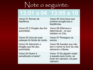Note o seguinte:
13:01 a 04 13:05 a 10
Verso 01 Nomes de
blasfêmia.
Verso 05 Uma boca que
proferia arrogâncias e
blasfêmias.
Verso 02 O Dragão deu-lhe
autoridade.
Verso 06 Difamava o
tabernáculo , os que
habitam no Céu.
Verso 03 Uma de suas
cabeças foi ferida de morte.
Verso 07 Perseguiu os
santos.
Verso 04 Adoraram o
Dragão que lhe deu
autoridade.
Verso 08 Aqueles que não
tem o nome no livro da vida
adoraram a Besta.
Verso 04 Quem é
semelhante a besta?
Verso 10 Se alguém matar
à espada será morto, se
levar em cativeiro, irá para
cativeiro.
 