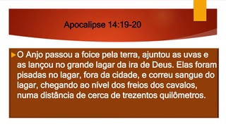 Apocalipse 14:19-20
O Anjo passou a foice pela terra, ajuntou as uvas e
as lançou no grande lagar da ira de Deus. Elas foram
pisadas no lagar, fora da cidade, e correu sangue do
lagar, chegando ao nível dos freios dos cavalos,
numa distância de cerca de trezentos quilômetros.
 
