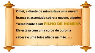 Olhei, e diante de mim estava uma nuvem
branca e, assentado sobre a nuvem, alguém
“semelhante a um FILHO DE HOMEM”.
Ele estava com uma coroa de ouro na
cabeça e uma foice afiada na mão. (14 )
 