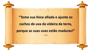 “Tome sua foice afiada e ajunte os
cachos de uva da videira da terra,
porque as suas uvas estão maduras!”
( 18b )
 