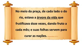 No meio da praça, de cada lado o do
rio, estava a árvore da vida que
frutificava doze vezes, dando fruto a
cada mês; e suas folhas servem para
curar as nações. ( Apocalipse 22:2 )
 