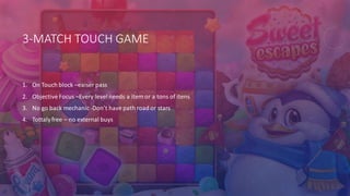 3-MATCH TOUCH GAME
1. On Touch block –eaiser pass
2. Objective Focus –Every level needs a item or a tons of itens
3. No go back mechanic -Don’t have path road or stars
4. Tottalyfree – no external buys