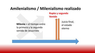 Amilenialismo / Milenialismo realizado
Milenio = el tiempo entre
la primera y la segunda
venida de Jesucristo
Juicio final,
el estado
eterno
Rapto y segunda
Venida
 