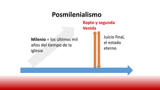 Posmilenialismo
Milenio = los últimos mil
años del tiempo de la
iglesia
Juicio final,
el estado
eterno
Rapto y segunda
Venida
 