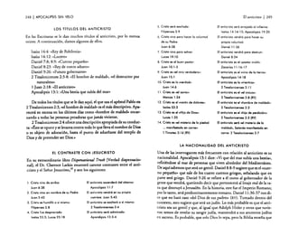 248

I APOCALIPSIS

El anticristo

SIN VELO

lOS TíTULOS DEL ANTICRISTO
En las Escrituras se le dan muchos títulos al anticristo. por 10 menos
veinte. A continuación, damos algunos de ellos.

5. Cristo seró exaltado:
Filipenses 2:9

El anticristo seró arrojado 01 infierno:
lsoíos 14: 14-15; Apocalipsis 19:20

6. Cristo vino paro hacer lo voluntad

El anticristo vendrá poro hacer su

de su Padre:

propia voluntad:

Juan 6:38

Isaías 14:4: "Rey de Babilonia»
Isaías 14: 12: "Lucero»
Daniel 7:8; 8:9: «Cuerno pequeño»
Daniel 8:23: "Rey de rostro adusto»
Daniel 9:26: «Futuro gobernante»
2 Tesalonicenses 2:3-8: "El hombre de maldad», «el destructor por
naturaleza»
1 Juan 2:18: "El anticristo»
Apocalipsis 13:1: «Una bestia que subía del mar»

Daniel 11 :36

7. Cristo vino para salvar:

El anticristo vendrá paro destruir:
Daniel 8:24

Lucas 19:10
8. Cristo es el buen postor:

Juan 10:1·5

El anticristo es el «postor inútil»:
lacorías 11: 16-17

9. Cristo es «el vino verdadero»:
Juan 15: 1

El anticristo es el ovino de la tierra»:
Apocalipsis 14: 18

10. Cristo es la "verdad»:
Juan 14:6

El anticristo es la «mentira»:
2 Tesalonicenses 2:11

11. Cristo es «el santo»:
Marcos 1 :24

De todos los títulos que se le dan aquí, el que usa el apóstol Pablo en
2 Tesalonicenses 2:3, «el hombre de maldad» es el más descriptivo. Aparecerá en escena en los últimos días como «hombre de maldad» encarnando a todas las personas pecadoras que jamás vivieron.
2 Tesalonicenses 2:4 ofrece una descripción apropiada de su conducta: «Éste se opone y se levanta contra todo lo que lleva el nombre de Dios
o es objeto de adoración, hasta el punto de aduefíarse del templo de
Dios y de pretender ser Dios.»

I 249

El anticristo es el .el inicuo»:

2 Tesalonicenses 2:8 (RV)

12. Cristo es el «verén de dolores»:

El anticristo es el «hombre de moldad»:

lsaias 53:3
'13. Cristo es el oHijo de Dios»:

El anticristo es el "hijo de perdición»:

Lucas 1:35

2 Tesalonicenses 2:3
2 Tesalonicenses 2:3 (RV)

14. Cristo es oel misterio de lo piedad

El anticristo seró oel misterio d. la

... manifestado en come»:

moldad ». Satanós manifestado en

1 Timateo 3:16 (RV)

come: 2 Tesalonicenses 2:7

LA NACIONALIDAD DEL ANTICRISTO
El CONTRASTE CON JESUCRISTO
En su extraordinario libro Dispensational Truth [Verdad dispensadonal], el Dr. Clarence Larkin enumeró catorce contrastes entre el anticristo y el Señor Jesucristo,25 y son los siguientes:

l. Cristo vino de arriba:

El anticristo ascenderá del abismo:

Juan 6:38
2. Cristo vino en nombre de su Padre:

El anticristo vendrá en su propio

Juan 5:43

3. Cristo se humill6 o sí mismo:
Filipenses 2:8
4. Cristo fue despreciado:

Isaías 53.3; Lucas 23: 18

Apocalipsis 11:7
nombre: Juan 5:43
El anticristo se exaltaró o sí mismo:
2 Tesalonicenses 2:4
El anticristo seró adimirado:
Apocalipsis 13:3·4

Una de las interrogantes más frecuentes con relación al anticristo es su
nacionalidad. Apocalipsis 13:1 dice: «Vi que del mar subía una bestia»,
refiriéndose al mar de personas que viven alrededor del Mediterráneo.
De aquí sabemos que será un gentil. Daniel 8:8-9 sugiere que es el «cuerno pequeño» que sale de los cuatro cuernos griegos, señalando que en
parte será griego. Daniel 9:26 se refiere a él como al gobernador de la
gente que vendrá, queriendo decir que pertenecerá al linaje real de la raza que destruyó a Jerusalén. En la historia, este fue el Imperio Romano;
por lo tanto, será predominantemente romano. Daniel 11:36-37 nos dice que no hará caso "del Dios de sus padres» (RV). Tomado dentro del
contexto, esto sugiere que será un judío. Lo más probable es que el anticristo sea un gentil y que, al igual que Adolph Hitler y otros que tuvieron temor de revelar su sangre judía, mantendrá a sus ancestros judíos
en secreto. Es probable, que solo Dios lo sepa, pero la Biblia enseña que

 
