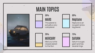 MAIN TOPICS
This planet is
actually a very
cold planet
MARS
50%
Neptune is an
ice giant and a
big planet
Neptune
60%
Mercury is the
closest planet
to the Sun
MERCURY
20%
Saturn is a gas
giant and has
several rings
SATURN
75%
 