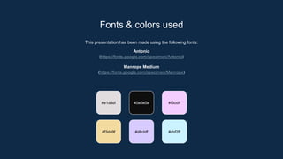 This presentation has been made using the following fonts:
Antonio
(https://fonts.google.com/specimen/Antonio)
Manrope Medium
(https://fonts.google.com/specimen/Manrope)
Fonts & colors used
#e1dddf #0e0e0e #f3cdff
#f3da9f #d8cbff #cbf2ff
 