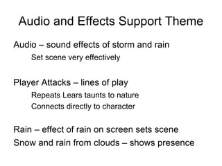 Audio and Effects Support Theme Audio – sound effects of storm and rain Set scene very effectively Player Attacks – lines of play Repeats Lears taunts to nature Connects directly to character Rain – effect of rain on screen sets scene Snow and rain from clouds – shows presence 