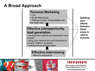 A Broad Approach Effective job/opportunity lead generation - hunting down adverts and application best practice - using your network and cold marketing to uncover “hidden” vacancies - making friends with recruiters Personal Marketing - CVs - Social Networking - “Making a noise” using jobsites and the wider web Effective Interviewing - effective preparation Splitting your efforts between these areas is vital to success 