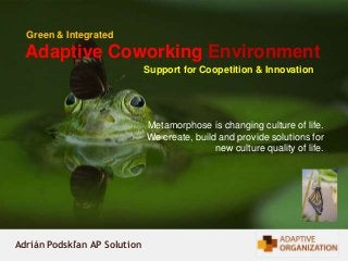 1
Adaptive Coworking Environment
Support for Coopetition & Innovation
Green & Integrated
Metamorphose is changing culture of life.
We create, build and provide solutions for
new culture quality of life.
Adrián Podskľan AP Solution
 