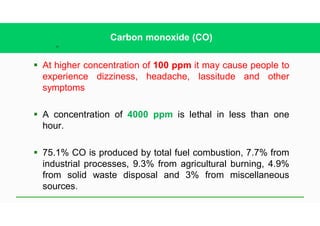 29
Carbon monoxide (CO)
§ At higher concentration of 100 ppm it may cause people to
experience dizziness, headache, lassitude and other
symptoms
§ A concentration of 4000 ppm is lethal in less than one
hour.
§ 75.1% CO is produced by total fuel combustion, 7.7% from
industrial processes, 9.3% from agricultural burning, 4.9%
from solid waste disposal and 3% from miscellaneous
sources.
 