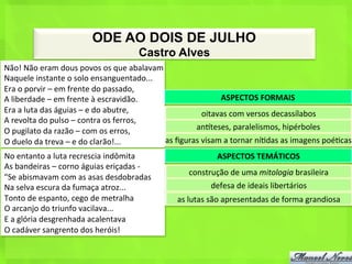 ODE AO DOIS DE JULHO
                                                       Castro Alves
Não!	
  Não	
  eram	
  dous	
  povos	
  os	
  que	
  abalavam	
  
Naquele	
  instante	
  o	
  solo	
  ensanguentado...	
  
Era	
  o	
  porvir	
  –	
  em	
  frente	
  do	
  passado,	
  
A	
  liberdade	
  –	
  em	
  frente	
  à	
  escravidão.	
                             ASPECTOS	
  FORMAIS	
  
Era	
  a	
  luta	
  das	
  águias	
  –	
  e	
  do	
  abutre,	
                   oitavas	
  com	
  versos	
  decassílabos	
  
A	
  revolta	
  do	
  pulso	
  –	
  contra	
  os	
  ferros,	
  
O	
  pugilato	
  da	
  razão	
  –	
  com	
  os	
  erros,	
                  anhteses,	
  paralelismos,	
  hipérboles	
  
O	
  duelo	
  da	
  treva	
  –	
  e	
  do	
  clarão!...	
        as	
  ﬁguras	
  visam	
  a	
  tornar	
  ní<das	
  as	
  imagens	
  poé<cas	
  
No	
  entanto	
  a	
  luta	
  recrescia	
  indômita	
                                  ASPECTOS	
  TEMÁTICOS	
  
As	
  bandeiras	
  –	
  corno	
  águias	
  eriçadas	
  -­‐	
  
                                                                           construção	
  de	
  uma	
  mitologia	
  brasileira	
  
"Se	
  abismavam	
  com	
  as	
  asas	
  desdobradas	
  
Na	
  selva	
  escura	
  da	
  fumaça	
  atroz...	
                                 defesa	
  de	
  ideais	
  libertários	
  
Tonto	
  de	
  espanto,	
  cego	
  de	
  metralha	
                   as	
  lutas	
  são	
  apresentadas	
  de	
  forma	
  grandiosa	
  
O	
  arcanjo	
  do	
  triunfo	
  vacilava...	
  
E	
  a	
  glória	
  desgrenhada	
  acalentava	
  
O	
  cadáver	
  sangrento	
  dos	
  heróis!	
  
 