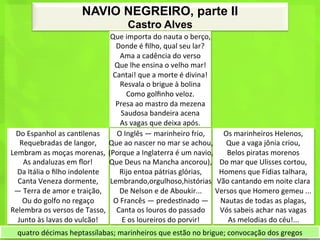 NAVIO NEGREIRO, parte II
                                                     Castro Alves
                                               Que	
  importa	
  do	
  nauta	
  o	
  berço,	
  
                                                 Donde	
  é	
  ﬁlho,	
  qual	
  seu	
  lar?	
  
                                                    Ama	
  a	
  cadência	
  do	
  verso	
  
                                                Que	
  lhe	
  ensina	
  o	
  velho	
  mar!	
  
                                                Cantai!	
  que	
  a	
  morte	
  é	
  divina!	
  
                                                    Resvala	
  o	
  brigue	
  à	
  bolina	
  
                                                       Como	
  golﬁnho	
  veloz.	
  
                                                 Presa	
  ao	
  mastro	
  da	
  mezena	
  
                                                     Saudosa	
  bandeira	
  acena	
  
                                                    As	
  vagas	
  que	
  deixa	
  após.	
  
 Do	
  Espanhol	
  as	
  can<lenas	
             O	
  Inglês	
  —	
  marinheiro	
  frio,	
        Os	
  marinheiros	
  Helenos,	
  
   Requebradas	
  de	
  langor,	
   Que	
  ao	
  nascer	
  no	
  mar	
  se	
  achou,	
   Que	
  a	
  vaga	
  jônia	
  criou,	
  
Lembram	
  as	
  moças	
  morenas,	
   (Porque	
  a	
  Inglaterra	
  é	
  um	
  navio,	
           Belos	
  piratas	
  morenos	
  
      As	
  andaluzas	
  em	
  ﬂor!	
          Que	
  Deus	
  na	
  Mancha	
  ancorou),	
   Do	
  mar	
  que	
  Ulisses	
  cortou,	
  
  Da	
  Itália	
  o	
  ﬁlho	
  indolente	
         Rijo	
  entoa	
  pátrias	
  glórias,	
        Homens	
  que	
  Fídias	
  talhara,	
  
  Canta	
  Veneza	
  dormente,	
   Lembrando,orgulhoso,histórias	
   Vão	
  cantando	
  em	
  noite	
  clara	
  
 —	
  Terra	
  de	
  amor	
  e	
  traição,	
       De	
  Nelson	
  e	
  de	
  Aboukir...	
   Versos	
  que	
  Homero	
  gemeu	
  ...	
  
    Ou	
  do	
  golfo	
  no	
  regaço	
         O	
  Francês	
  —	
  predes<nado	
  —	
   Nautas	
  de	
  todas	
  as	
  plagas,	
  
Relembra	
  os	
  versos	
  de	
  Tasso,	
   Canta	
  os	
  louros	
  do	
  passado	
            Vós	
  sabeis	
  achar	
  nas	
  vagas	
  
  Junto	
  às	
  lavas	
  do	
  vulcão!	
            E	
  os	
  loureiros	
  do	
  porvir!	
       As	
  melodias	
  do	
  céu!...	
  
   quatro	
  décimas	
  heptassílabas;	
  marinheiros	
  que	
  estão	
  no	
  brigue;	
  convocação	
  dos	
  gregos	
  
 