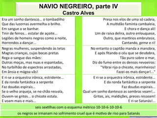 NAVIO NEGREIRO, parte IV
                                                           Castro Alves
Era	
  um	
  sonho	
  dantesco...	
  o	
  tombadilho	
                                             Presa	
  nos	
  elos	
  de	
  uma	
  só	
  cadeia,	
  
Que	
  das	
  luzernas	
  avermelha	
  o	
  brilho.	
                                                     A	
  mul<dão	
  faminta	
  cambaleia,	
  
Em	
  sangue	
  a	
  se	
  banhar.	
                                                                                        E	
  chora	
  e	
  dança	
  ali!	
  
Tinir	
  de	
  ferros...	
  estalar	
  de	
  açoite...	
                               Um	
  de	
  raiva	
  delira,	
  outro	
  enlouquece,	
  
Legiões	
  de	
  homens	
  negros	
  como	
  a	
  noite,	
                                         Outro,	
  que	
  marhrios	
  embrutece,	
  
Horrendos	
  a	
  dançar...	
                                                                                             Cantando,	
  geme	
  e	
  ri!	
  
Negras	
  mulheres,	
  suspendendo	
  às	
  tetas	
                                No	
  entanto	
  o	
  capitão	
  manda	
  a	
  manobra,	
  
Magras	
  crianças,	
  cujas	
  bocas	
  pretas	
                                      E	
  após	
  ﬁtando	
  o	
  céu	
  que	
  se	
  desdobra,	
  
Rega	
  o	
  sangue	
  das	
  mães:	
                                                                                 Tão	
  puro	
  sobre	
  o	
  mar,	
  
Outras	
  moças,	
  mas	
  nuas	
  e	
  espantadas,	
                                 Diz	
  do	
  fumo	
  entre	
  os	
  densos	
  nevoeiros:	
  
No	
  turbilhão	
  de	
  espectros	
  arrastadas,	
                                              "Vibrai	
  rijo	
  o	
  chicote,	
  marinheiros!	
  
Em	
  ânsia	
  e	
  mágoa	
  vãs!	
                                                                                 Fazei-­‐os	
  mais	
  dançar!..."	
  
E	
  ri-­‐se	
  a	
  orquestra	
  irônica,	
  estridente...	
                         E	
  ri-­‐se	
  a	
  orquestra	
  irônica,	
  estridente...	
  
E	
  da	
  ronda	
  fantás<ca	
  a	
  serpente	
                                                      E	
  da	
  ronda	
  fantás<ca	
  a	
  serpente	
  
Faz	
  doudas	
  espirais...	
                                                                                           Faz	
  doudas	
  espirais...	
  
Se	
  o	
  velho	
  arqueja,	
  se	
  no	
  chão	
  resvala,	
               Qual	
  um	
  sonho	
  dantesco	
  as	
  sombras	
  voam!...	
  
Ouvem-­‐se	
  gritos...	
  o	
  chicote	
  estala.	
                                  Gritos,	
  ais,	
  maldições,	
  preces	
  ressoam!	
  
E	
  voam	
  mais	
  e	
  mais...	
                                                                                               E	
  ri-­‐se	
  Satanás!...	
  
                                seis	
  sex<lhas	
  com	
  o	
  esquema	
  métrico	
  10-­‐10-­‐6-­‐10-­‐10-­‐6	
  
               os	
  negros	
  se	
  irmanam	
  no	
  sofrimento	
  cruel	
  que	
  é	
  mo<vo	
  de	
  riso	
  para	
  Satanás	
  
 