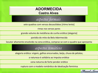 ADORMECIDA
                                             Castro Alves
                                          aspectos formais
                        sete	
  quadras	
  com	
  versos	
  decassílabos	
  [ritmo	
  lento]	
  
                                            rimas	
  nos	
  versos	
  pares	
  
                    grande	
  volume	
  de	
  metáforas	
  de	
  cunho	
  eró<co	
  [alegoria]	
  
                                  paródia	
  do	
  mito	
  da	
  Bela	
  Adormecida	
  
locutor	
  altamente	
  envolvido	
  na	
  cena	
  eró<ca,	
  compraz-­‐se	
  com	
  o	
  quadro	
  que	
  apresenta	
  

                                        aspectos temáticos
            alegoria	
  eró<ca:	
  virgem,	
  galhos	
  encurvados,	
  beijo,	
  chuva	
  de	
  pétalas;	
  
                               a	
  natureza	
  é	
  solidária	
  ao	
  impulso	
  eró<co	
  
                                 cena	
  noturna	
  de	
  forte	
  pendor	
  eró<co	
  
                    ruptura	
  com	
  o	
  modelo	
  român<co	
  de	
  idealização	
  feminina	
  
 