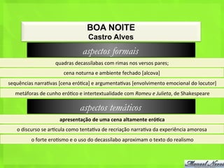 BOA NOITE
                                                 Castro Alves
                                             aspectos formais
                           quadras	
  decassílabas	
  com	
  rimas	
  nos	
  versos	
  pares;	
  
                                 cena	
  noturna	
  e	
  ambiente	
  fechado	
  [alcova]	
  
sequências	
  narra<vas	
  [cena	
  eró<ca]	
  e	
  argumenta<vas	
  [envolvimento	
  emocional	
  do	
  locutor]	
  
   metáforas	
  de	
  cunho	
  eró<co	
  e	
  intertextualidade	
  com	
  Romeu	
  e	
  Julieta,	
  de	
  Shakespeare	
  

                                            aspectos temáticos
                              apresentação	
  de	
  uma	
  cena	
  altamente	
  eróJca	
  
    o	
  discurso	
  se	
  ar<cula	
  como	
  tenta<va	
  de	
  recriação	
  narra<va	
  da	
  experiência	
  amorosa	
  
            o	
  forte	
  ero<smo	
  e	
  o	
  uso	
  do	
  decassílabo	
  aproximam	
  o	
  texto	
  do	
  realismo	
  
 