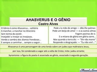 AHASVERUS E O GÊNIO
                                                          Castro Alves
O	
  Gênio	
  é	
  como	
  Ahasverus...	
  solitário	
                            Pede	
  u'a	
  mão	
  de	
  amigo	
  —	
  dão-­‐lhe	
  palmas:	
  
A	
  marchar,	
  a	
  marchar	
  no	
  i<nerário	
                               Pede	
  um	
  beijo	
  de	
  amor	
  —	
  e	
  as	
  outras	
  almas	
  
Sem	
  termo	
  do	
  exis<r.	
                                                                                        Fogem	
  pasmas	
  de	
  si.	
  
Invejado!	
  a	
  invejar	
  os	
  invejosos.	
                                           E	
  o	
  mísero	
  de	
  glória	
  em	
  glória	
  corre...	
  
Vendo	
  a	
  sombra	
  dos	
  álamos	
  frondosos...	
                           Mas	
  quando	
  a	
  terra	
  diz:	
  —	
  "Ele	
  não	
  morre"	
  
E	
  sempre	
  a	
  caminhar...	
  sempre	
  a	
  seguir...	
                     Responde	
  o	
  desgraçado:	
  —	
  "Eu	
  não	
  vivi!..."	
  
          Ahasverus	
  é	
  uma	
  personagem	
  de	
  uma	
  lenda	
  sobre	
  um	
  judeu	
  que	
  maltratara	
  Jesus,	
  	
  
                 por	
  isso,	
  foi	
  condenado	
  a	
  vagar	
  até	
  a	
  volta	
  de	
  Cristo;	
  mito:	
  judeu	
  errante;	
  
           byronismo:	
  a	
  ﬁgura	
  do	
  poeta	
  é	
  associada	
  ao	
  gênio,	
  associado	
  à	
  segunda	
  geração.	
  
 