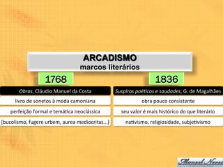 ARCADISMO
                                                 marcos literários
                           1768                                                              1836
          Obras,	
  Cláudio	
  Manuel	
  da	
  Costa	
            Suspiros	
  poé-cos	
  e	
  saudades,	
  G.	
  de	
  Magalhães	
  
        livro	
  de	
  sonetos	
  à	
  moda	
  camoniana	
                         obra	
  pouco	
  consistente	
  
     perfeição	
  formal	
  e	
  temá9ca	
  neoclássica	
            seu	
  valor	
  é	
  mais	
  histórico	
  do	
  que	
  literário	
  
[bucolismo,	
  fugere	
  urbem,	
  aurea	
  mediocritas...]	
           na9vismo,	
  religiosidade,	
  subje9vismo	
  
 