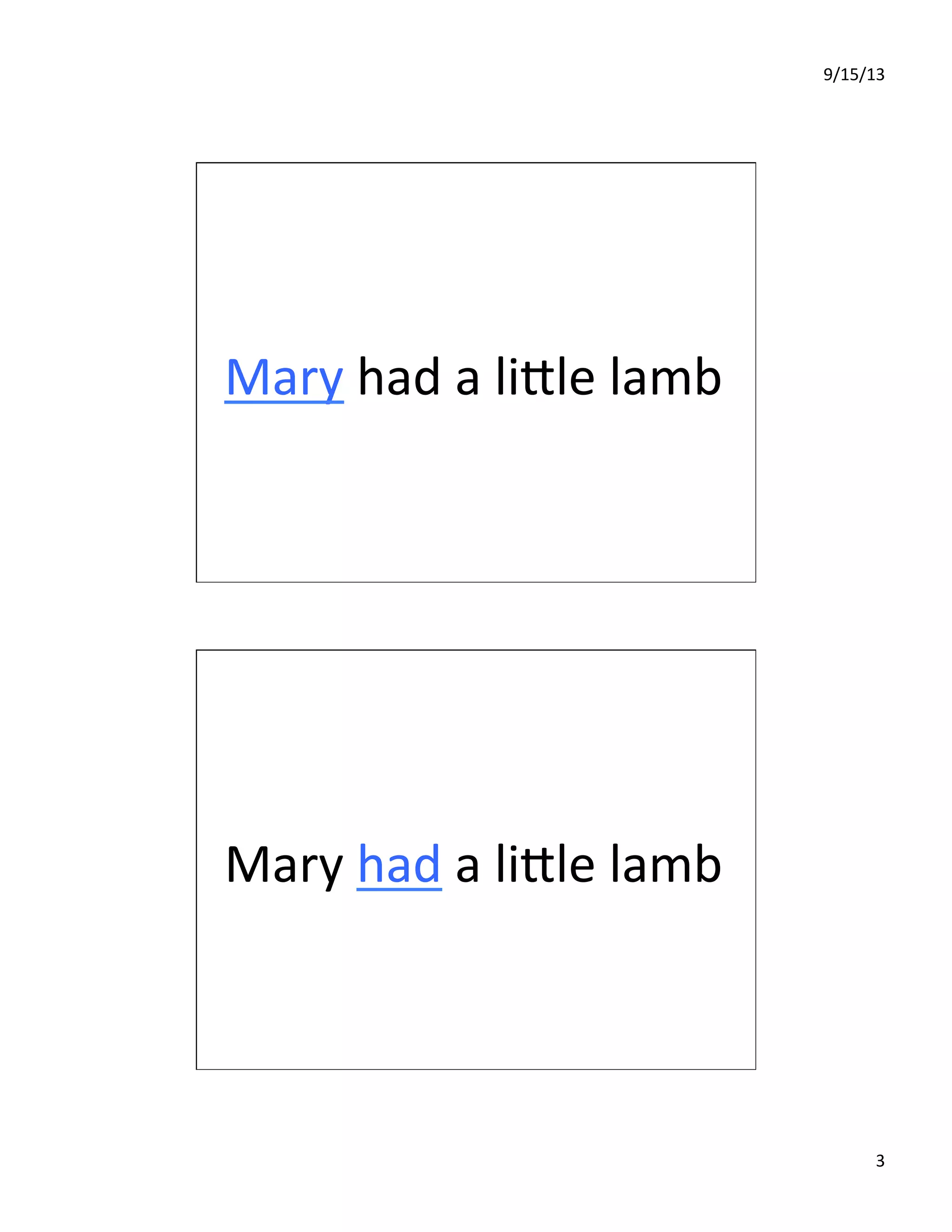 9/15/13	
  
3	
  
Mary	
  had	
  a	
  liIle	
  lamb	
  
Mary	
  had	
  a	
  liIle	
  lamb	
  
 