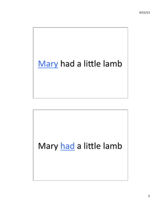 9/15/13	
  
3	
  
Mary	
  had	
  a	
  liIle	
  lamb	
  
Mary	
  had	
  a	
  liIle	
  lamb	
  
 