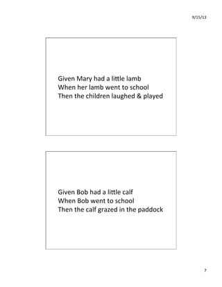 9/15/13	
  
7	
  
Given	
  Mary	
  had	
  a	
  liIle	
  lamb	
  
When	
  her	
  lamb	
  went	
  to	
  school	
  
Then	
  the	
  children	
  laughed	
  &	
  played	
  
Given	
  Bob	
  had	
  a	
  liIle	
  calf	
  
When	
  Bob	
  went	
  to	
  school	
  
Then	
  the	
  calf	
  grazed	
  in	
  the	
  paddock	
  
 