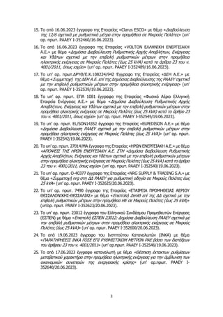 3
15. Το από 16.06.2023 έγγραφο της Εταιρείας «Clarus ESCO» με θέμα «Διαβούλευση
της 12/6 σχετικά με ρυθμιστικά μέτρα στην προμήθεια σε Μικρούς Πελάτες» (υπ’
αρ. πρωτ. ΡΑΑΕΥ Ι-352460/16.06.2023).
16. Το από 16.06.2023 έγγραφο της Εταιρείας «VOLTON ΕΛΛΗΝΙΚΗ ΕΝΕΡΓΕΙΑΚΗ
A.E.» με θέμα «Δημόσια Διαβούλευση Ρυθμιστικής Αρχής Αποβλήτων, Ενέργειας
και Υδάτων σχετικά με την επιβολή ρυθμιστικών μέτρων στην προμήθεια
ηλεκτρικής ενέργειας σε Μικρούς Πελάτες (έως 25 kVA) κατά το άρθρο 23 του ν.
4001/2011, όπως ισχύει» (υπ’ αρ. πρωτ. ΡΑΑΕΥ Ι-352489/16.06.2023).
17. Το υπ’ αρ. πρωτ.ΔΡΥΘ/Ε.Κ.108224/942 Έγγραφο της Εταιρείας «ΔΕΗ Α.Ε.» με
θέμα «Συμμετοχή της ΔΕΗ Α.Ε. επί της Δημόσιας Διαβούλευσης της ΡΑΑΕΥ σχετικά́
με την επιβολή́ ρυθμιστικών μέτρων στην προμήθεια ηλεκτρικής ενέργειας» (υπ’
αρ. πρωτ. ΡΑΑΕΥ Ι-352539/19.06.2023).
18. Το υπ’ αρ. πρωτ. ΕΠΑ 1081 έγγραφο της Εταιρείας «Φυσικό Αέριο Ελληνική
Εταιρεία Ενέργειας Α.Ε.» με θέμα «Δημόσια Διαβούλευση Ρυθμιστικής Αρχής
Αποβλήτων, Ενέργειας και Υδάτων σχετικά με την επιβολή ρυθμιστικών μέτρων στην
προμήθεια ηλεκτρικής ενέργειας σε Μικρούς Πελάτες (έως 25 kVA) κατά το άρθρο 23
του ν. 4001/2011, όπως ισχύει» (υπ’ αρ. πρωτ. ΡΑΑΕΥ Ι-352545/19.06.2023).
19. Το υπ’ αρ. πρωτ. EL/SON14352 έγγραφο της Εταιρείας «ELPEDISON A.E.» με θέμα
«Δημόσια Διαβούλευση ΡΑΑΕΥ σχετικά με την επιβολή ρυθμιστικών μέτρων στην
προμήθεια ηλεκτρικής ενέργειας σε Μικρούς Πελάτες (έως 25 kVA)» (υπ’ αρ. πρωτ.
ΡΑΑΕΥ Ι-352542/19.06.2023).
20. Το υπ’ αρ. πρωτ. 27014/ΜΑ έγγραφο της Εταιρείας «ΗΡΩΝ ΕΝΕΡΓΕΙΑΚΗ Α.Ε.» με θέμα
«ΑΠΟΨΕΙΣ ΤΗΣ ΗΡΩΝ ΕΝΕΡΓΕΙΑΚΗ Α.Ε. ΣΤΗ «Δημόσια διαβούλευση Ρυθμιστικής
Αρχής Αποβλήτων, Ενέργειας και Υδάτων σχετικά με την επιβολή ρυθμιστικών μέτρων
στην προμήθεια ηλεκτρικής ενέργειας σε Μικρούς Πελάτες (έως 25 kVA) κατά το άρθρο
23 του ν. 4001/2011, όπως ισχύει» (υπ’ αρ. πρωτ. ΡΑΑΕΥ Ι-352540/19.06.2023).
21. Το υπ’ αρ. πρωτ. Ο-40377 έγγραφο της Εταιρείας «NRG SUPPLY & TRADING S.A.» με
θέμα «Συμμετοχή nrg στη ΔΔ ΡΑΑΕΥ για ρυθμιστική οδηγία σε Μικρούς Πελάτες έως
25 kVA» (υπ’ αρ. πρωτ. ΡΑΑΕΥ Ι-352625/20.06.2023).
22. Το υπ’ αρ. πρωτ. 7490 έγγραφο της Εταιρείας «ΕΤΑΙΡΕΙΑ ΠΡΟΜΗΘΕΙΑΣ ΑΕΡΙΟΥ
ΘΕΣΣΑΛΟΝΙΚΗΣ-ΘΕΣΣΑΛΙΑΣ» με θέμα «Επιστολή ZeniΘ επί της ΔΔ σχετικά με την
επιβολή ρυθμιστικών μέτρων στην προμήθεια ΗΕ σε Μικρούς Πελάτες (έως 25 kVA)»
(υπ’αρ. πρωτ. ΡΑΑΕΥ Ι-352623/20.06.2023).
23. Το υπ’ αρ. πρωτ. 23012 έγγραφο του Ελληνικού Συνδέσμου Προμηθευτών Ενέργειας
(ΕΣΠΕΝ) με θέμα «Επιστολή ΕΣΠΕΝ 23012: Δημόσια Διαβούλευση ΡΑΑΕΥ σχετικά με
την επιβολή ρυθμιστικών μέτρων στην προμήθεια ηλεκτρικής ενέργειας σε Μικρούς
Πελάτες (έως 25 kVA)» (υπ’ αρ. πρωτ. ΡΑΑΕΥ Ι-352600/20.06.2023).
24. Το από 19.06.2023 έγγραφο του Ινστιτούτου Καταναλωτών (ΙΝΚΑ) με θέμα
«ΠΑΡΑΤΗΡΗΣΕΙΣ ΙΝΚΑ ΓΟΣΕ ΕΠΙ ΡΥΘΜΙΣΤΙΚΩΜ ΜΕΤΡΩΝ ΡΑΕ βάσει των διατάξεων
του άρθρου 23 του ν. 4001/2011» (υπ’ αρ.πρωτ. ΡΑΑΕΥ Ι-352546/19.06.2023).
25. Το από 17.06.2023 έγγραφο καταναλωτή με θέμα «Θέσπιση έκτακτων ρυθμίσεων
μεταβατικού χαρακτήρα στην προμήθεια ηλεκτρικής ενέργειας για την άμβλυνση των
οικονομικών συνεπειών της ενεργειακής κρίσης» (υπ’ αρ.πρωτ. ΡΑΑΕΥ Ι-
352640/20.06.2023).
 