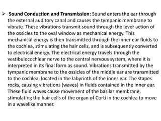 Sound Conduction and Transmission: Sound enters the ear through
the external auditory canal and causes the tympanic membrane to
vibrate. These vibrations transmit sound through the lever action of
the ossicles to the oval window as mechanical energy. This
mechanical energy is then transmitted through the inner ear fluids to
the cochlea, stimulating the hair cells, and is subsequently converted
to electrical energy. The electrical energy travels through the
vestibulocochlear nerve to the central nervous system, where it is
interpreted in its final form as sound. Vibrations transmitted by the
tympanic membrane to the ossicles of the middle ear are transmitted
to the cochlea, located in the labyrinth of the inner ear. The stapes
rocks, causing vibrations (waves) in fluids contained in the inner ear.
These fluid waves cause movement of the basilar membrane,
stimulating the hair cells of the organ of Corti in the cochlea to move
in a wavelike manner.

 