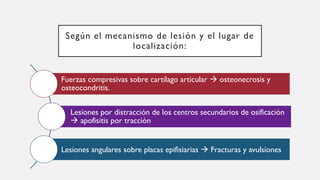 Según el mecanismo de lesión y el lugar de
localización:
Fuerzas compresivas sobre cartílago articular  osteonecrosis y
osteocondritis.
Lesiones por distracción de los centros secundarios de osificación
 apofisitis por tracción
Lesiones angulares sobre placas epifisiarias  Fracturas y avulsiones
 
