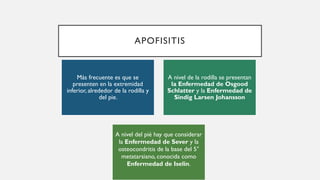 APOFISITIS
Más frecuente es que se
presenten en la extremidad
inferior, alrededor de la rodilla y
del pie.
A nivel de la rodilla se presentan
la Enfermedad de Osgood
Schlatter y la Enfermedad de
Sindig Larsen Johansson
A nivel del pié hay que considerar
la Enfermedad de Sever y la
osteocondritis de la base del 5°
metatarsiano, conocida como
Enfermedad de Iselin.
 