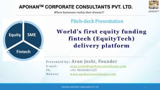 APOHANTM
Pitch-deck Presentation
Where businesses realize their dreams!!!
1
APOHANTM CORPORATE CONSULTANTS PVT. LTD.
World’s first equity funding
fintech (EquityTech)
delivery platform
Presented by: Arun Joshi, Founder
E-mail: arun.joshi@apohanconsultants.com
Ph. +91 9810481325
Website www.apohanconsultants.com
 