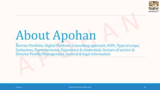APOHANTM
About Apohan
Service Portfolio, Digital Platform, Consulting approach, USPs, Typical scope,
Exclusions, Payment t...