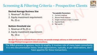 APOHANTM
Screening & Filtering Criteria – Prospective Clients
Desired Average Business Size
1. Revenue*: Rs.50 cr.
2. Equi...