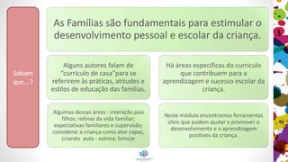 Sabiam
que....?
As Famílias são fundamentais para estimular o
desenvolvimento pessoal e escolar da criança.
Alguns autores falam de
“curriculo de casa”para se
referirem às práticas, atitudes e
estilos de educação das familias.
Algumas dessas áreas : interação pais
filhos; rotinas da vida familiar;
expectativas familiares e supervisão;
considerar a criança como ator capaz,
criando auto - estima; brincar
Há áreas específicas do curriculo
que contribuem para a
aprendizagem e sucesso escolar da
criança.
Neste módulo encontramos ferramentas
úteis que podem ajudar a promover o
desenvolvimento e a aprendizagem
positivos da criança.
 
