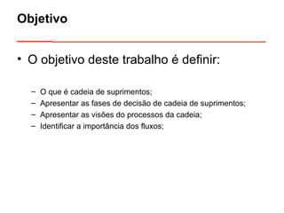 Objetivo 
________________________________ 
• O objetivo deste trabalho é definir: 
– O que é cadeia de suprimentos; 
– Apresentar as fases de decisão de cadeia de suprimentos; 
– Apresentar as visões do processos da cadeia; 
– Identificar a importância dos fluxos; 
 