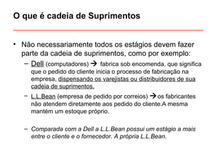 O que é cadeia de Suprimentos 
________________________________________ 
• Não necessariamente todos os estágios devem fazer 
parte da cadeia de suprimentos, como por exemplo: 
– Dell (computadores)  fabrica sob encomenda, que significa 
que o pedido do cliente inicia o processo de fabricação na 
empresa, dispensando os varejistas ou distribuidores de sua 
cadeia de suprimentos. 
– L.L.Bean (empresa de pedido por correios) os fabricantes 
não atendem diretamente aos pedido do cliente.A mesma 
mantém um estoque próprio. 
– Comparada com a Dell a L.L.Bean possui um estágio a mais 
entre o cliente e o fornecedor. A própria L.L.Bean. 
 