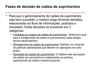 Fases de decisão de cadeia de suprimentos 
________________________________________ 
• Para que o gerenciamento de cadeia de suprimentos 
seja bem sucedido, o mesmo exige diversas decisões 
relacionadas ao fluxo de informações, produtos e 
monetário. Estas decisões se encaixam em 3 
categorias: 
– Estratégia ou projeto da cadeia de suprimentos: Determina qual 
será a configuração da cadeia e que processo cada estágio 
deverá desempenhar. 
– Planejamento da cadeia de suprimentos: Definem um conjunto 
de políticas operacionais que lideram as operações de curto 
prazo. 
– Operação da cadeia de suprimentos: O objetivo das operações 
da cadeia de suprimentos é implementar as políticas 
operacionais da melhor maneira possível. 
 