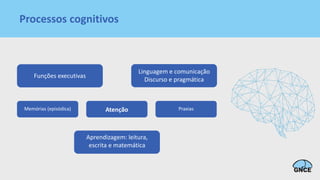 Processos cognitivos
Funções executivas
Linguagem e comunicação
Discurso e pragmática
Memórias (episódica) Atenção Praxias
Aprendizagem: leitura,
escrita e matemática
 