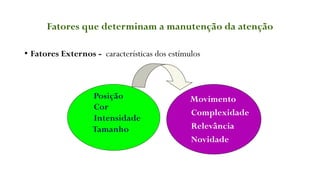 Fatores que determinam a manutenção da atenção
• Fatores Externos - características dos estímulos
Posição
Cor
Intensidade
Tamanho
Movimento
Complexidade
Relevância
Novidade
 