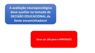 A avaliação neuropsicológica
deve auxiliar na tomada de
DECISÃO EDUCACIONAL da
fonte encaminhadora!
Deve ser útil para o APRENDIZ!
 