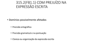 315.2(F81.1) COM PREJUÍZO NA
EXPRESSÃO ESCRITA
• Domínios possivelmente afetados
• Precisão ortográfica
• Precisão gramatical e na pontuação
• Clareza ou organização da expressão escrita
 