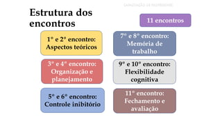 Estrutura dos
encontros
CAPACITAÇÃO DE PROFESSORES
11 encontros
1º e 2º encontro:
Aspectos teóricos
3º e 4º encontro:
Organização e
planejamento
5º e 6º encontro:
Controle inibitório
7º e 8º encontro:
Memória de
trabalho
9º e 10º encontro:
Flexibilidade
cognitiva
11º encontro:
Fechamento e
avaliação
 