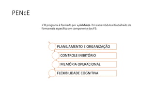 O programa é formado por 4 módulos. Em cada módulo é trabalhado de
forma mais específica um componente das FE:
PLANEJAMENTO E ORGANIZAÇÃO
CONTROLE INIBITÓRIO
MEMÓRIA OPERACIONAL
FLEXIBILIDADE COGNITIVA
PENcE
 